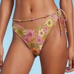 Floral Pink Green- Multi Floral Beaded- Glitter-sparkle Bikini BottomTie Sides